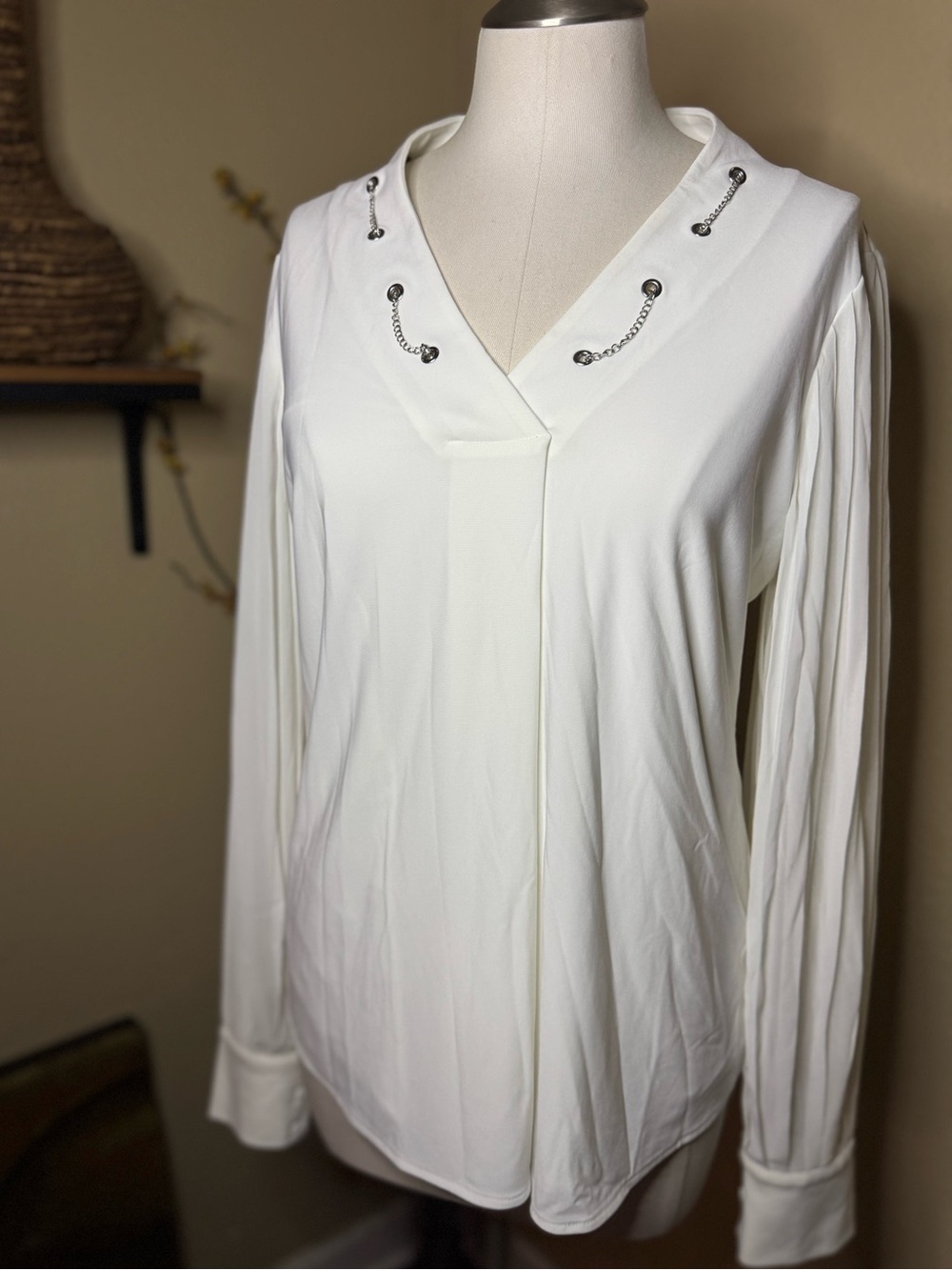 White House Black Market White Long Sleeve V-Neck Top with Chain Accents